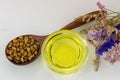 Organic cold pressed grapeseed oil in clear bowl with dried grape seeds in wooden spoon