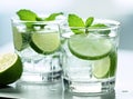 Organic cold refreshing lemonade drink or cocktail made of sparkling water, lime slices and fresh green mint leaves Royalty Free Stock Photo