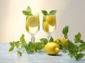 Organic cold refreshing lemonade drink or cocktail made of sparkling water, lime slices and fresh green mint leaves Royalty Free Stock Photo