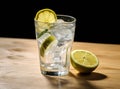 Organic cold refreshing lemonade drink or cocktail made of sparkling water, lime slices and fresh green mint leaves Royalty Free Stock Photo