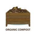 Organic compost. Cartoon wooden box with ground and food garbage. Zero waste theme. Illustration of bio, organic fertilizer, Royalty Free Stock Photo