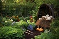 organic compost heap with gardening tools nearby Royalty Free Stock Photo