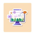 Organic content sticker illustration. Monitor, hand, plant, page, screen. Editable vector graphic design.