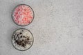 Organic cosmetic - bathsalt with rose and coffee on grey background