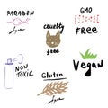 Organic cosmetic labels set. Product free allergen line icons. Organic stickers. Vegan, bio food. Vector illustration.