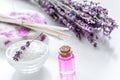 organic cosmetic with lavender flowers and oil on white background Royalty Free Stock Photo