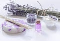 Organic cosmetic with lavender flowers and oil on white background Royalty Free Stock Photo