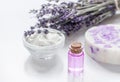 Organic cosmetic with lavender flowers and oil on white background Royalty Free Stock Photo