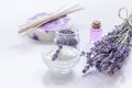 Organic cosmetic with lavender flowers and oil on white background Royalty Free Stock Photo