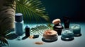 Organic Cosmetic Presentation eco-friendly cosmetic products displayed on a blue cement wall Generative Ai