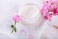 Organic cosmetic with rose and pot of moisturizing face cream on white background top view Royalty Free Stock Photo
