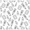 Organic cosmetic seamless doodle pattern. Cartoon make up background with lipstick, mirror, creame. Black and white