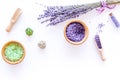 Cosmetic set with lavender herbs and sea salt in bottle on white table background flat lay mockup Royalty Free Stock Photo