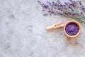 Cosmetic set with lavender herbs and sea salt in bowl on stone table background flat lay mockup Royalty Free Stock Photo