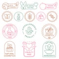 Organic cosmetics badges. Bio beauty products for skin, package seal ecology, vegan, natural ingredient. Eco food icon