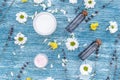 Organic cosmetics with camomile on blue background top view Royalty Free Stock Photo