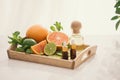 Organic cosmetics with herbal extracts of lemon, orange, mint on