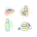 Organic cosmetics illustration. Vector cosmetic bottles. Doodle skin care items.