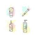 Organic cosmetics illustration. Vector cosmetic bottles. Doodle skin care items. Hand drawn set. Herbal lotion. Bio Royalty Free Stock Photo