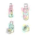 Organic cosmetics illustration. Vector cosmetic bottles. Doodle skin care items. Hand drawn set. Herbal lotion. Bio Royalty Free Stock Photo