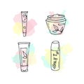 Organic cosmetics illustration. Vector cosmetic bottles. Doodle skin care items. Hand drawn set. Herbal lotion. Bio Royalty Free Stock Photo