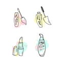 Organic cosmetics illustration. Vector cosmetic bottles. Doodle skin care items. Hand drawn set. Herbal lotion. Bio Royalty Free Stock Photo