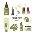Organic cosmetics set. Cream, lipstick, nail polish, etc. Flat design. Vector stock illustration. Isolated on white background