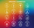 Organic cosmetics set of thin line icons for product packaging. Cruelty free, 0% alcohol, natural ingredients, paraben free, eco