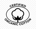 Organic cotton certificate icon, cotton flower for natural eco and bio tags. Certified organic cotton logo stamp Royalty Free Stock Photo