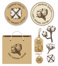 Organic cotton. Round label, price tags and eco paper bag with type design. Cotton logos, icons, stickers and emblems