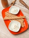 Organic cream cheese with herbs served with snacks Royalty Free Stock Photo