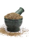 Organic Cumin seed (Cuminum cyminum) on marble pestle