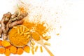 Organic curcumin or turmeric powder, capsule, and fresh root on white background Royalty Free Stock Photo