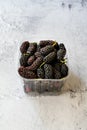 Organic Dark Black Ripe Mulberries in Plastic Box Package for Sale / Morus Fruit