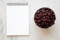 Organic Dried Cranberries in a Bowl, blank notepad, top view. Flat lay, overhead, from above Royalty Free Stock Photo