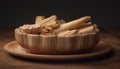 Organic earthenware bowl holds homemade healthy meal on wooden table generated by AI