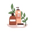 Organic eco cosmetic products in bottles, jars for hair care. Vegan green beauty cosmetics, packs of shampoo