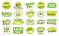 Organic eco stickers. Green natural food labels, vegetarian healthy foods badges. Vegan ecological fresh product stamp