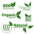 Organic eco vector logos with green leaves. Bio friendly products labels with leaf