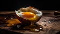 Organic egg yolk on rustic wood table, a gourmet ingredient generated by AI