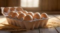 Organic eggs in a carton with straw. Royalty Free Stock Photo