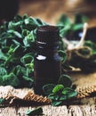 Organic essential oregano oil in a glass jar and a bunch of fresh marjoram, vintage wooden background, selective focus