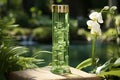 Organic facial toners displayed in lush greenery and blooming flowers, illuminated by natural light