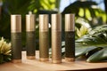 Organic facial toners in a serene setting surrounded by blooming flowers and refreshing greenery