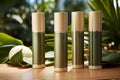 Organic facial toners in a serene setting surrounded by blooming flowers and refreshing greenery