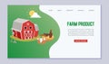 Organic farm products web vectortemplate with cartoon barn, chiken, eggs and harvest illustration. Agriculture and