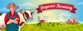 Organic farm rural landscape with young farmer, cow, livestock, mill, red ribbon, barn, clouds. Royalty Free Stock Photo