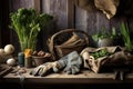organic farm tools and gloves placed on a wooden table Royalty Free Stock Photo