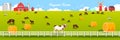 Organic farm vector illustration with grazing livestock, barn, windmill, fence, green meadow, haystacks. Royalty Free Stock Photo