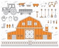 Organic farm in village set and tile in thin lines style design. instruments, flower, vegetables, fruits, hay, building, animals, Royalty Free Stock Photo